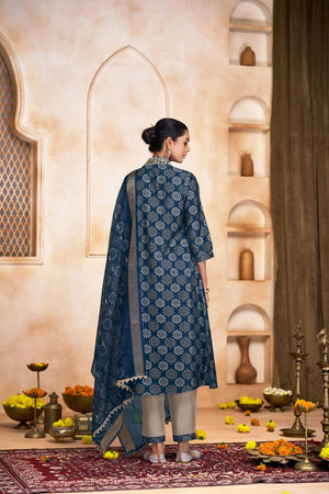 Blue Printed Modal Chanderi Straight Cut Suit Set