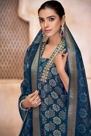 Blue Printed Modal Chanderi Straight Cut Suit Set