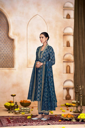 Blue Printed Modal Chanderi Straight Cut Suit Set