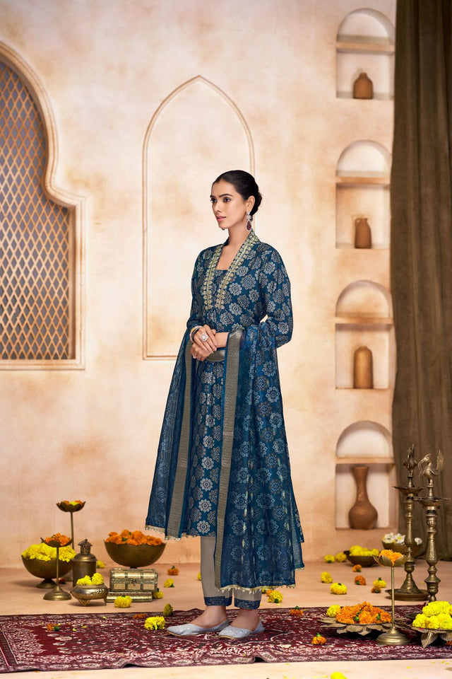 Blue Printed Modal Chanderi Straight Cut Suit Set