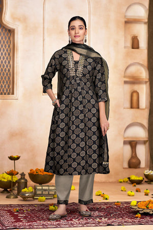 Black Printed Modal Chanderi Straight Cut Suit Set