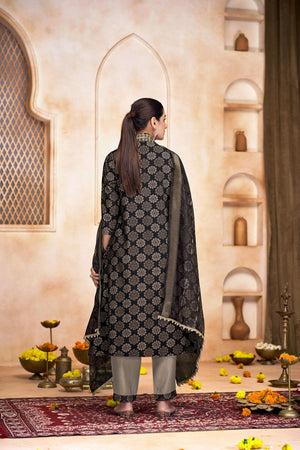 Black Printed Modal Chanderi Straight Cut Suit Set