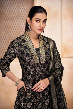 Black Printed Modal Chanderi Straight Cut Suit Set