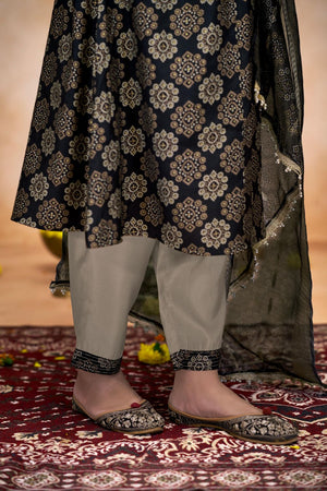 Black Printed Modal Chanderi Straight Cut Suit Set