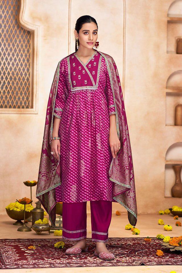 Pink Printed Modal Chanderi Straight Cut Suit Set