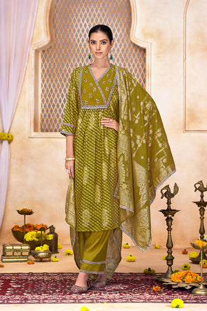 Green Printed Modal Chanderi Straight Cut Suit Set