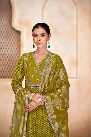 Green Printed Modal Chanderi Straight Cut Suit Set