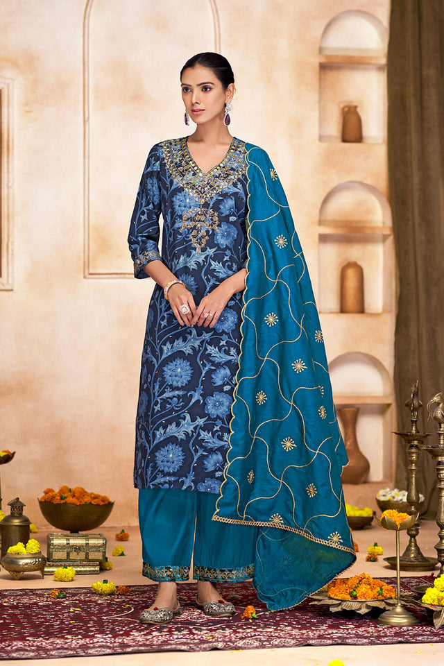Navy Blue Floral Printed Modal Chanderi Straight Cut Suit Set