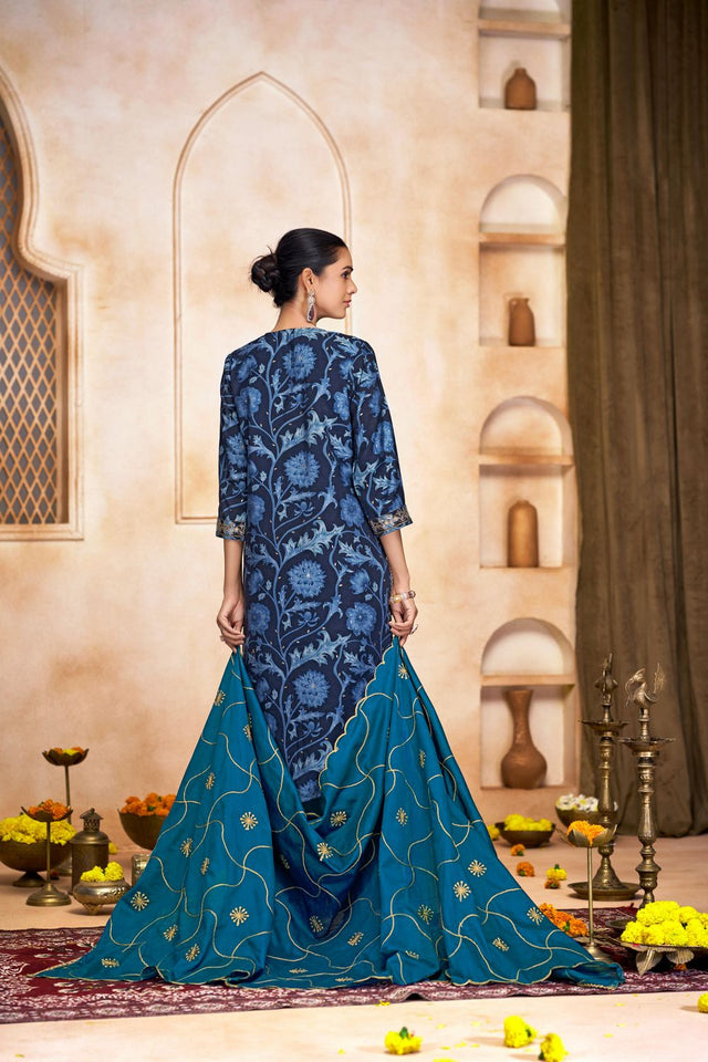 Navy Blue Floral Printed Modal Chanderi Straight Cut Suit Set