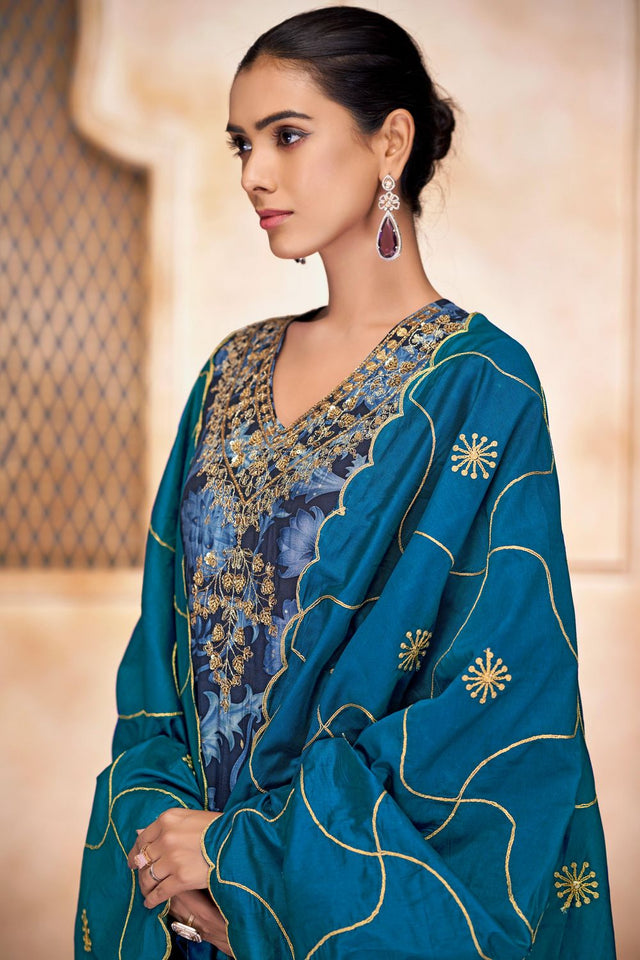 Navy Blue Floral Printed Modal Chanderi Straight Cut Suit Set