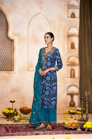 Navy Blue Floral Printed Modal Chanderi Straight Cut Suit Set