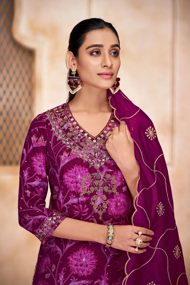 Pink Floral Printed Modal Chanderi Straight Cut Suit Set