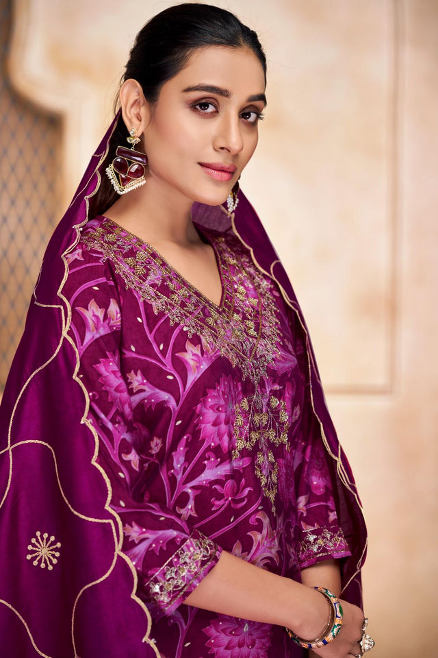 Pink Floral Printed Modal Chanderi Straight Cut Suit Set