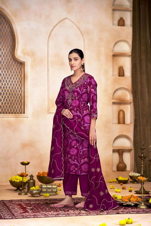 Pink Floral Printed Modal Chanderi Straight Cut Suit Set