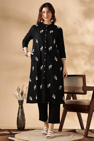 Black Embroidered Cotton Kurti Pant Set