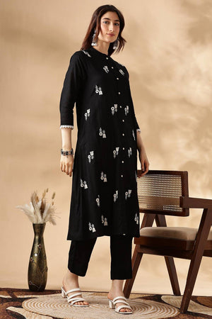 Black Embroidered Cotton Kurti Pant Set