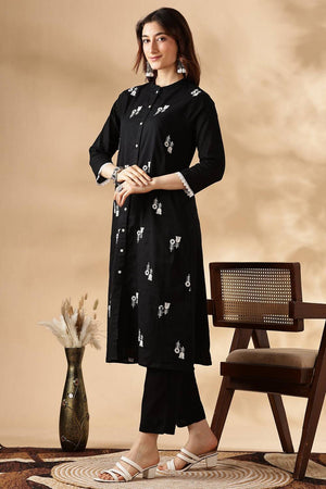 Black Embroidered Cotton Kurti Pant Set