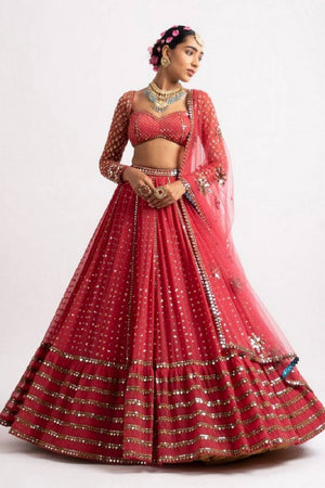 Red Gotta Patti Georgette Lehenga