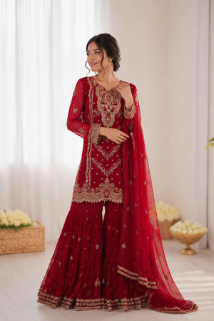 Red Embroidered Georgette Sharara Suit (Rt-6032)