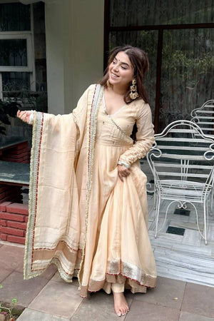 Cream Mirror Work Organza Anarkali Suit (Rt-6048-Cream)