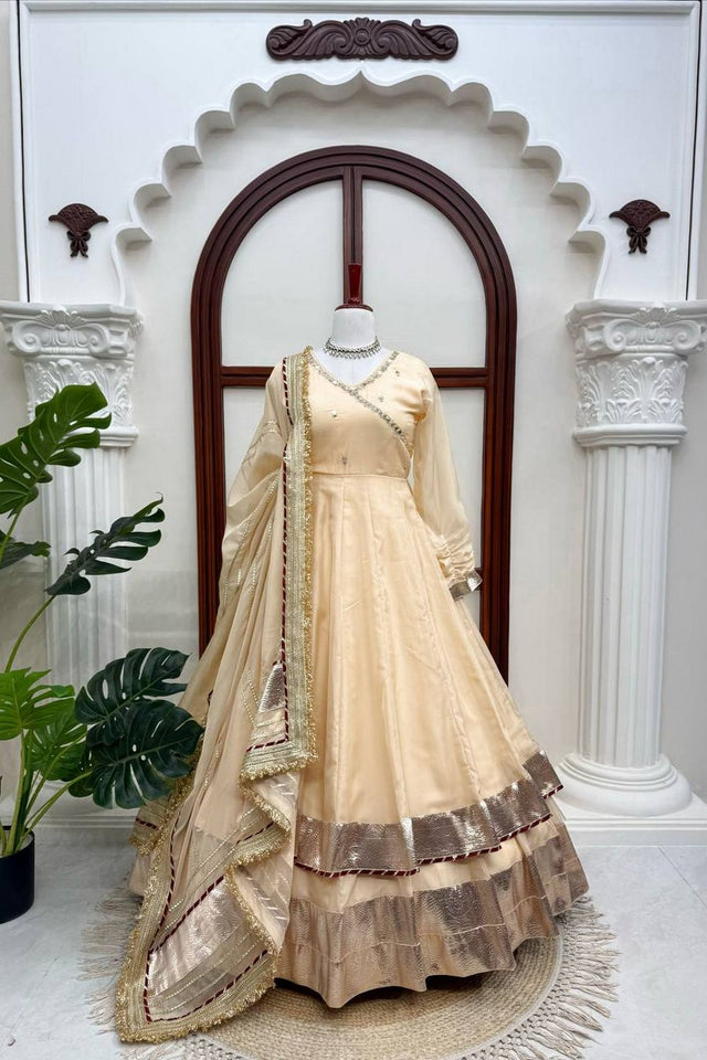 Cream Mirror Work Organza Anarkali Suit (Rt-6048-Cream)