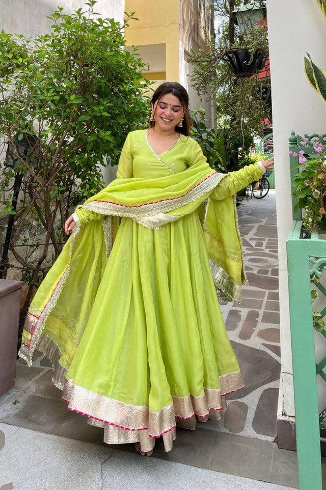 Dark Green Mirror Work Organza Anarkali Suit (Rt-6048-Parrot)