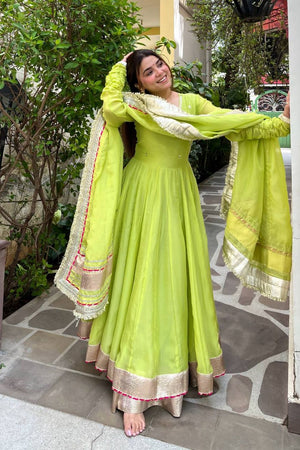 Dark Green Mirror Work Organza Anarkali Suit (Rt-6048-Parrot)