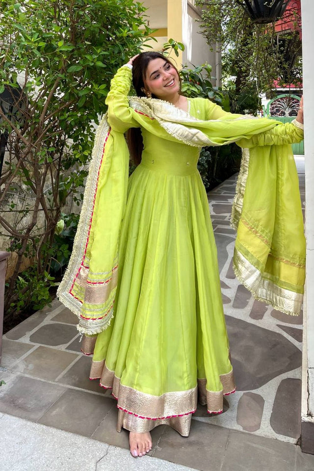 Dark Green Mirror Work Organza Anarkali Suit (Rt-6048-Parrot)