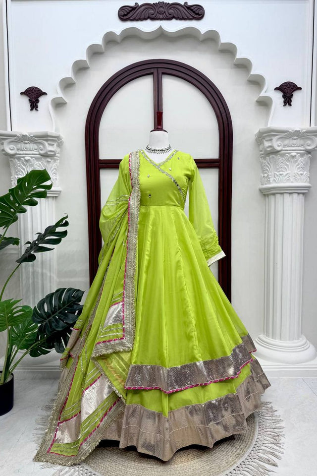 Dark Green Mirror Work Organza Anarkali Suit (Rt-6048-Parrot)