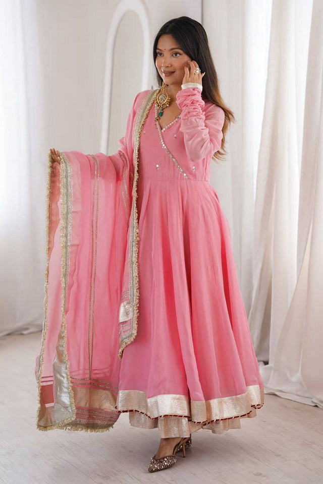 Pink Mirror Work Organza Anarkali Suit (Rt-6048-pink)