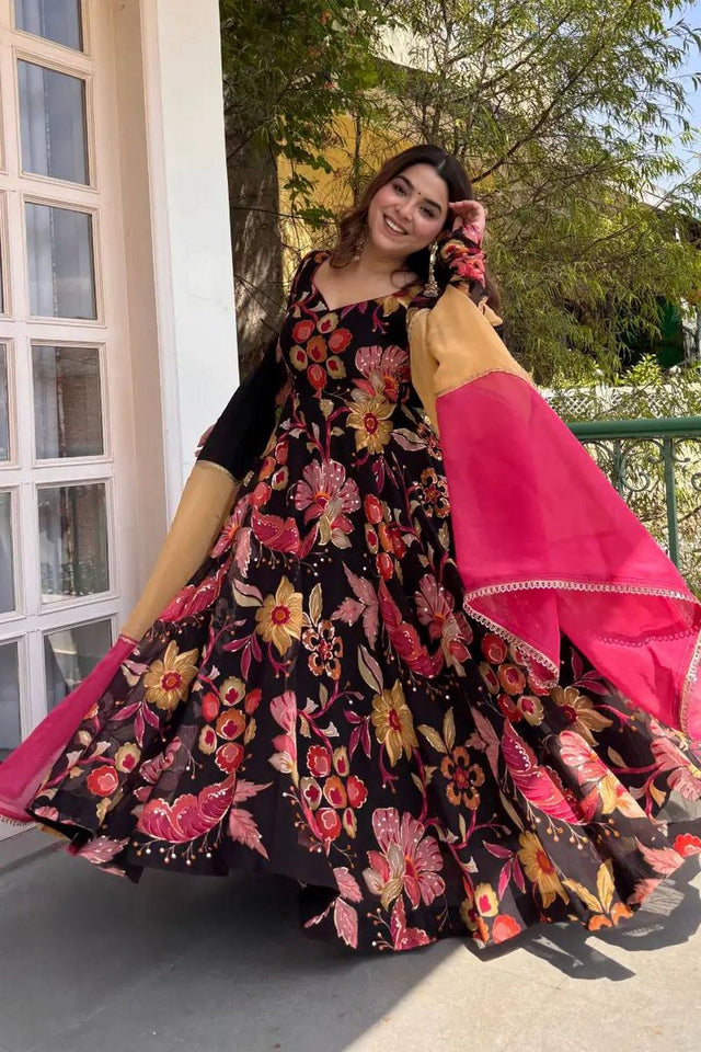 Black Floral Printed Organza Anarkali Suit (Rt-6058)