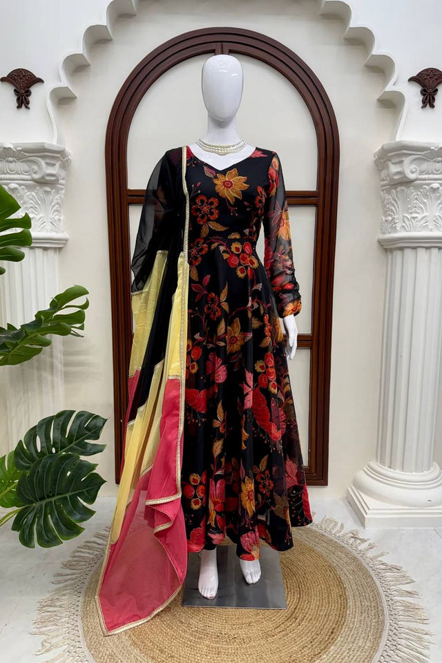 Black Floral Printed Organza Anarkali Suit (Rt-6058)