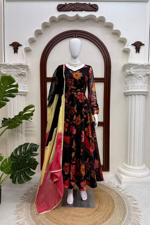 Black Floral Printed Organza Anarkali Suit (Rt-6058)