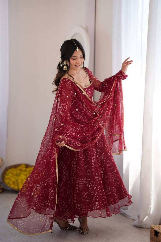 Maroon Bandhani Printed Art Silk Anarkali Suit (Rt-6063)
