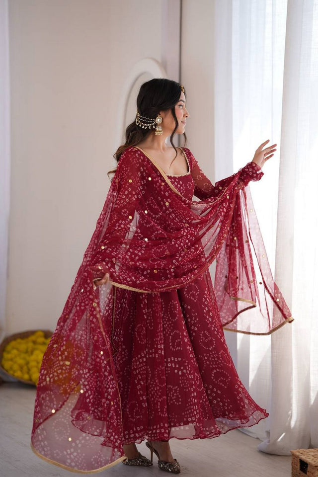 Maroon Bandhani Printed Art Silk Anarkali Suit (Rt-6063)