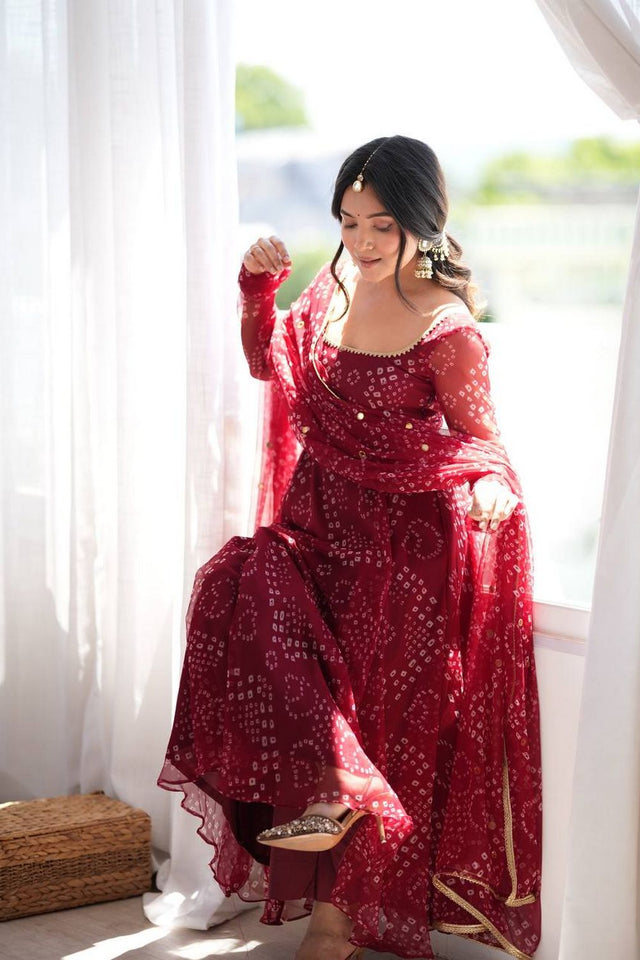 Maroon Bandhani Printed Art Silk Anarkali Suit (Rt-6063)