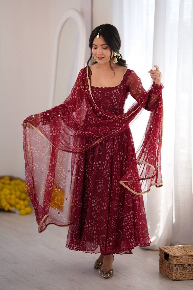 Maroon Bandhani Printed Art Silk Anarkali Suit (Rt-6063)