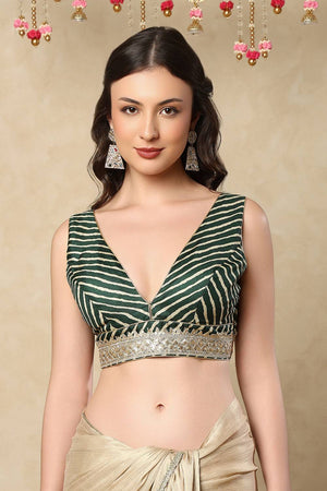 Green Line Printed with Sequin Silk Blouse