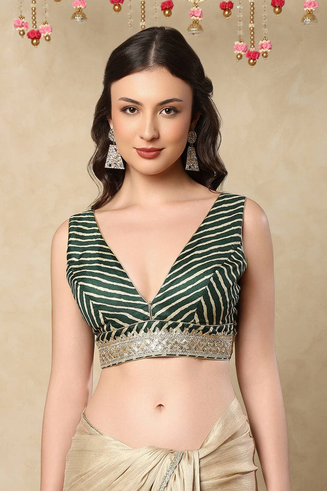 Green Line Printed with Sequin Silk Blouse