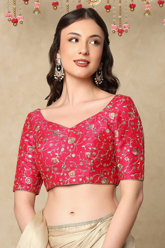 Pink Sequin with Embroidered Raw silk Blouse