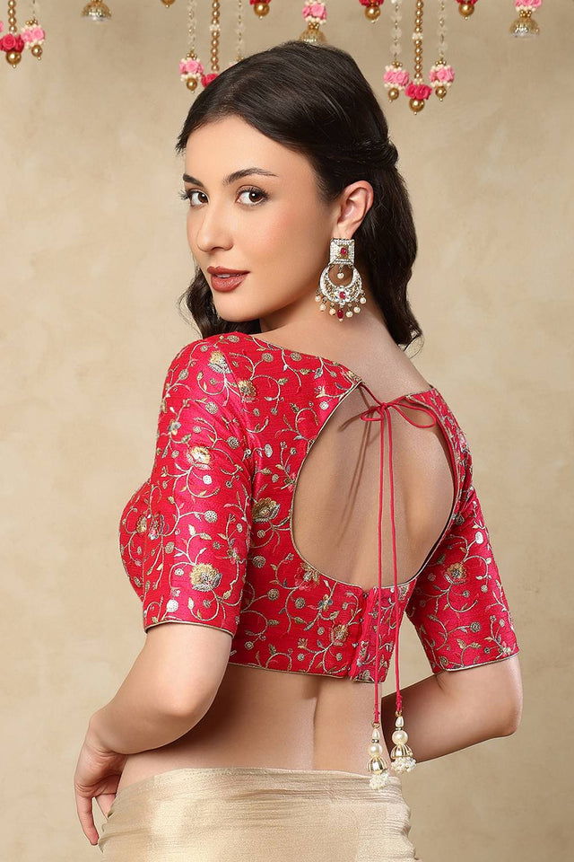 Pink Sequin with Embroidered Raw silk Blouse