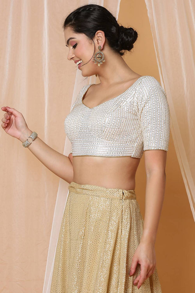 Off White Sequin with Embroidered Georgette Blouse