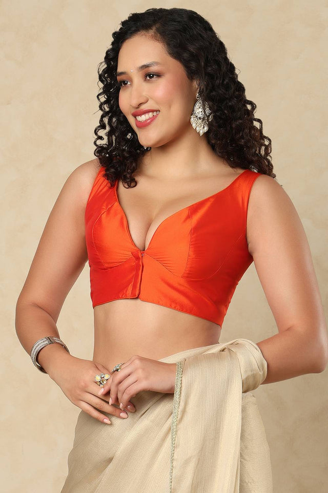 Orange Solid Silk Blouse