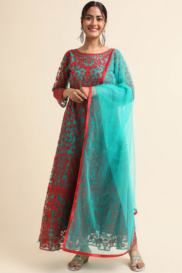 Net Designer Anarkali Suit Set In Green