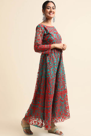 Net Designer Anarkali Suit Set In Green