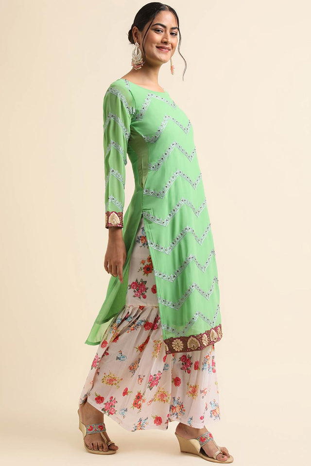 Green Faux Georgette Sharara Sharara Suit Set