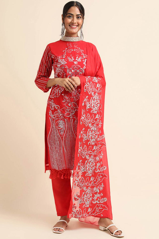 Red Faux Georgette Pakistani Suit