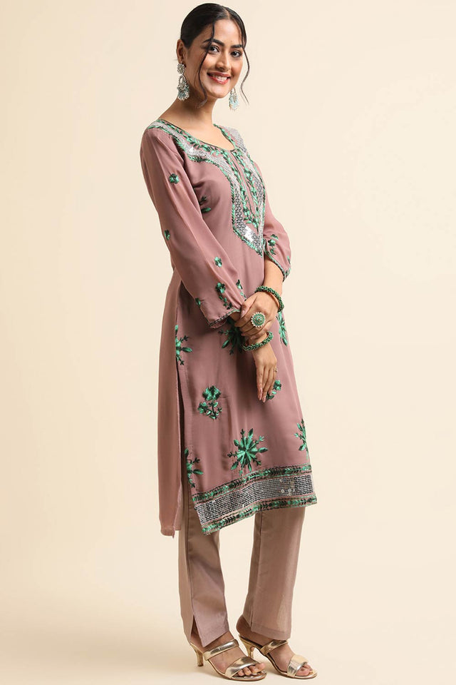 Brown Faux Georgette Pakistani Suit