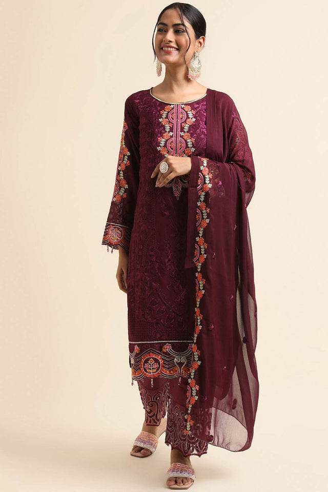 Wine Faux Georgette Pakistani Suit