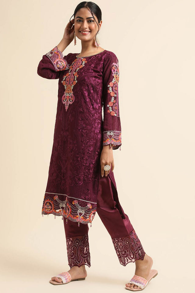 Wine Faux Georgette Pakistani Suit